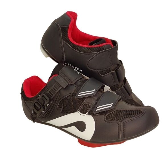 Peloton Cycling Womens Pre-owned Black w/Red & White Accents Cycling Shoes-sz. 7 - Picture 1 of 6